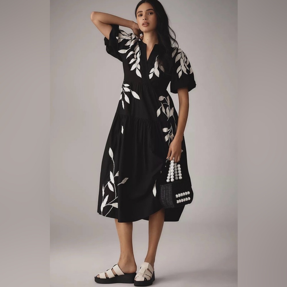 NWT Anthropologie Somerset Midi Short-Sleeve Embroidered Appliqué Dress